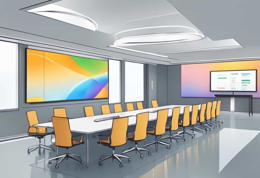A sleek, modern conference room with a large digital display and AI meeting assistant providing a seamless and efficient meeting experience for all participants