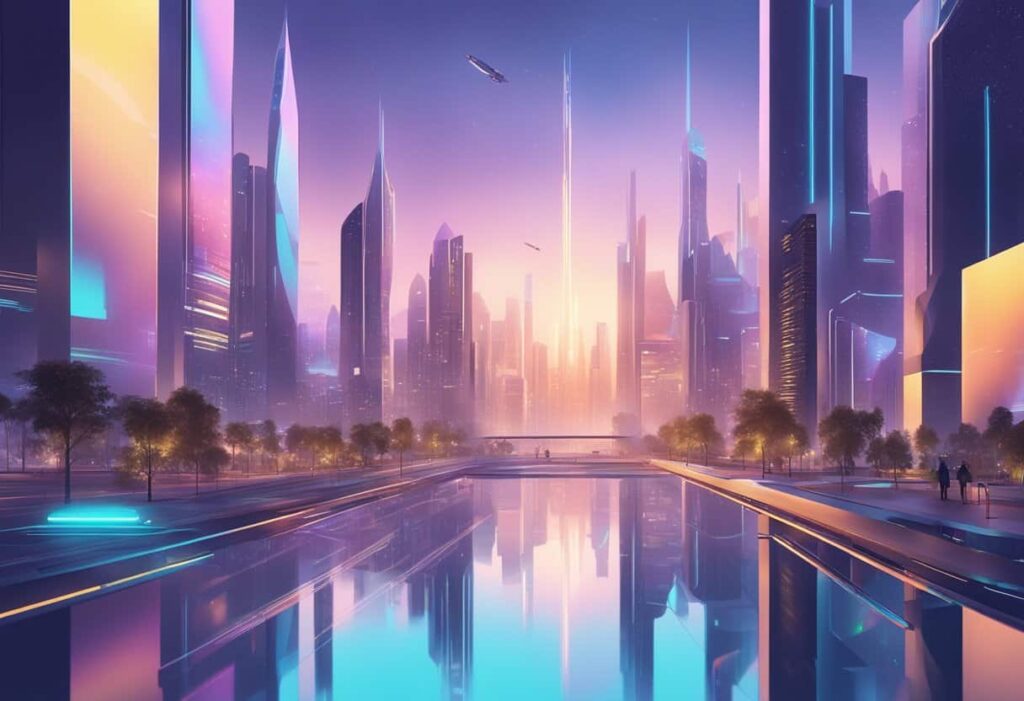A futuristic cityscape with holographic buildings and animated interfaces, showcasing cutting-edge website animation options for 2024