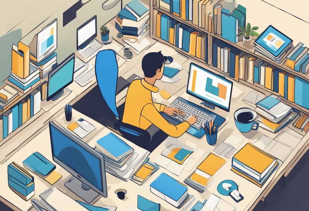 A Person Sitting At A Desk, Surrounded By Books And Computer Screens, Conducting Keyword Research And Analyzing Traffic For The Best Adsense Niches