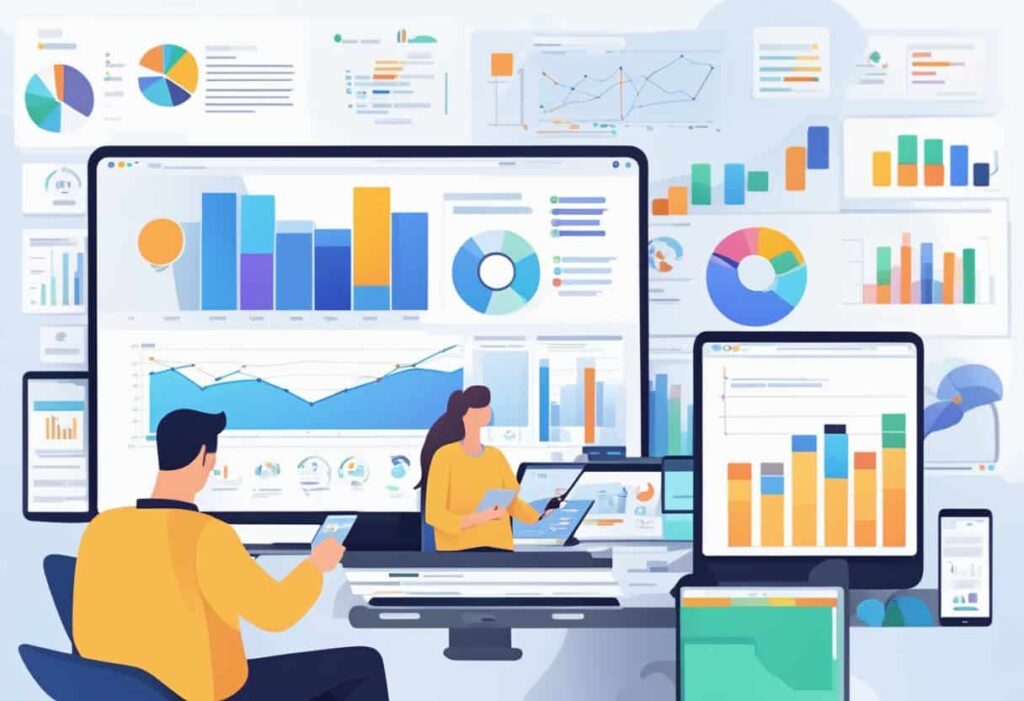Multiple screens show data on competitors' online presence, keywords, and social media engagement. Graphs and charts display market share and ad performance