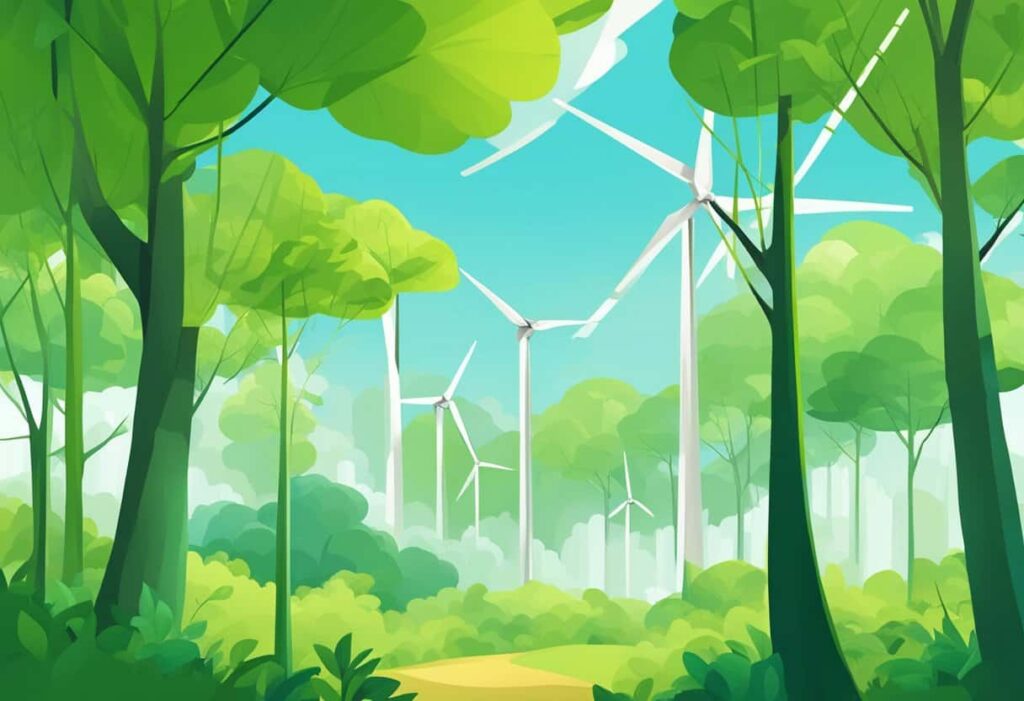 A lush green forest with a modern wind turbine nestled among the trees, symbolizing eco-friendly web hosting