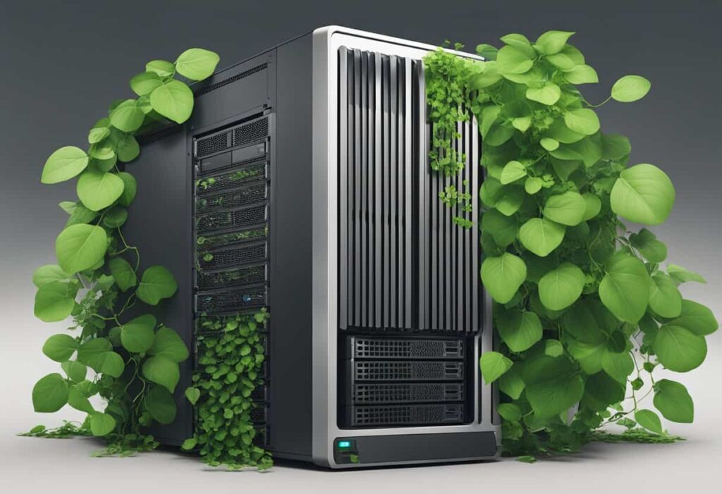 A computer server with a green leafy vine wrapping around it, symbolizing eco-friendly WordPress hosting and management