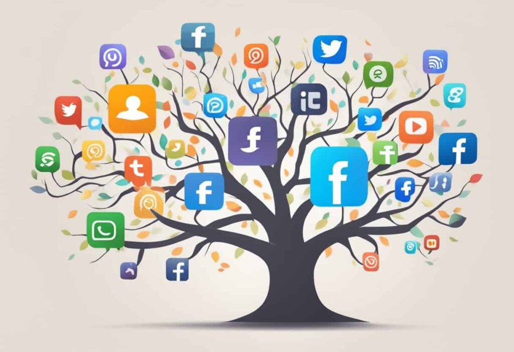 A tree with branches reaching out, each representing a different social media platform, as the trunk grows stronger, symbolizing business growth and evolution through social media