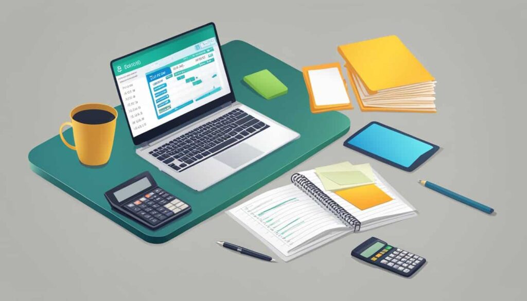 A table with a laptop, calculator, and pricing sheet. Additional costs and pay-as-you-go options highlighted