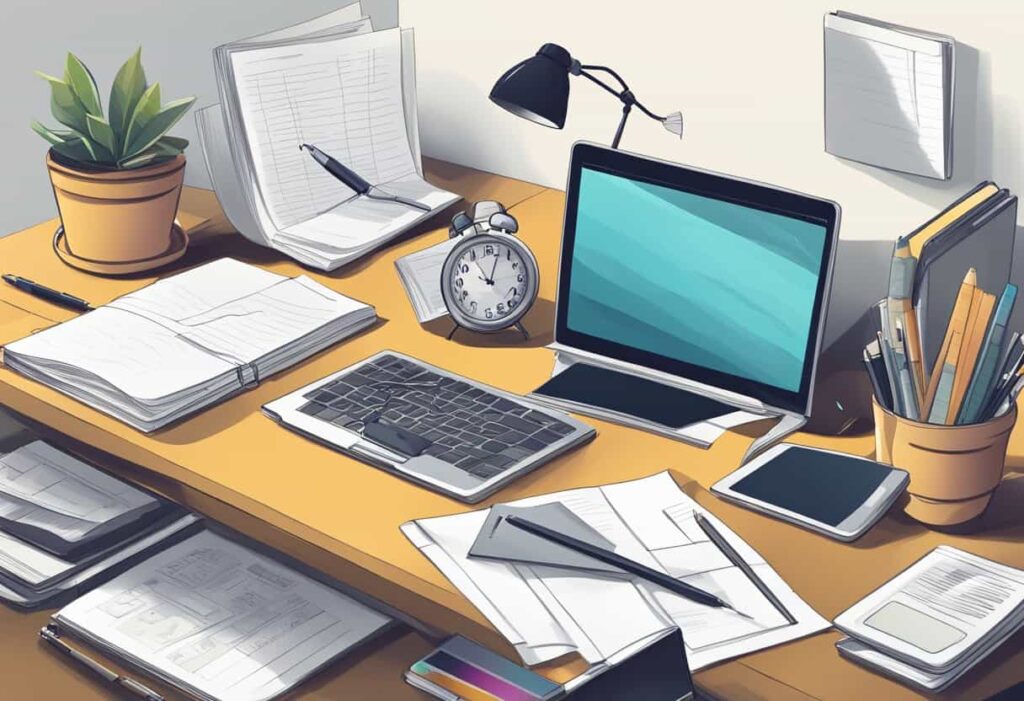 A Cluttered Desk With Scattered Papers, A Laptop, And A Smartphone. A Progression From Old-Fashioned Notebooks To Modern Digital Note-Taking Apps Is Evident