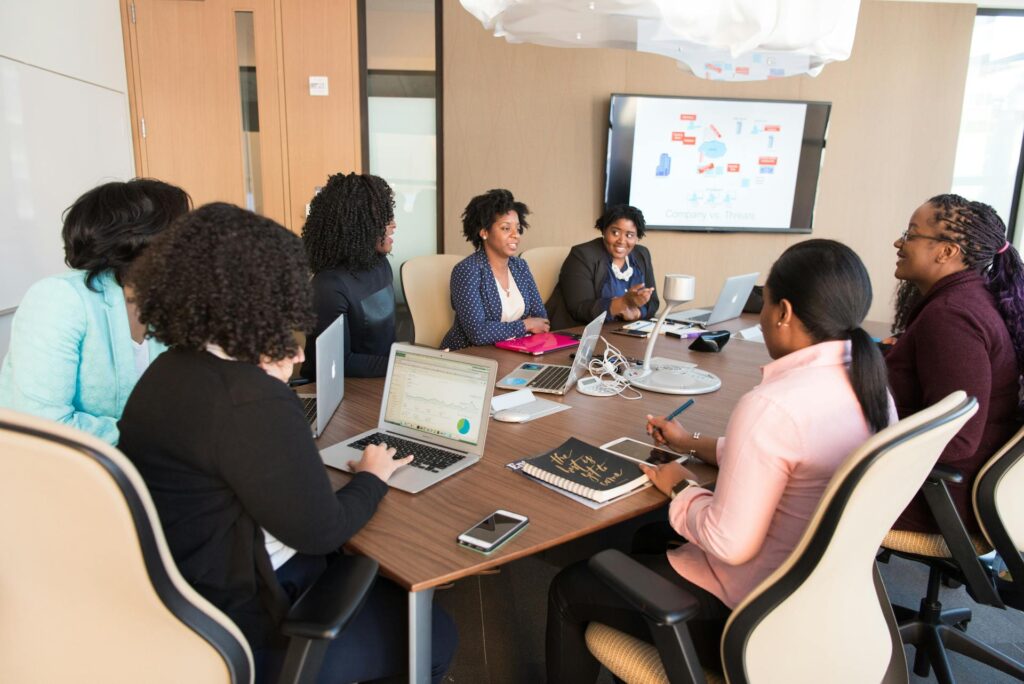 Team meeting with presentation in modern office.