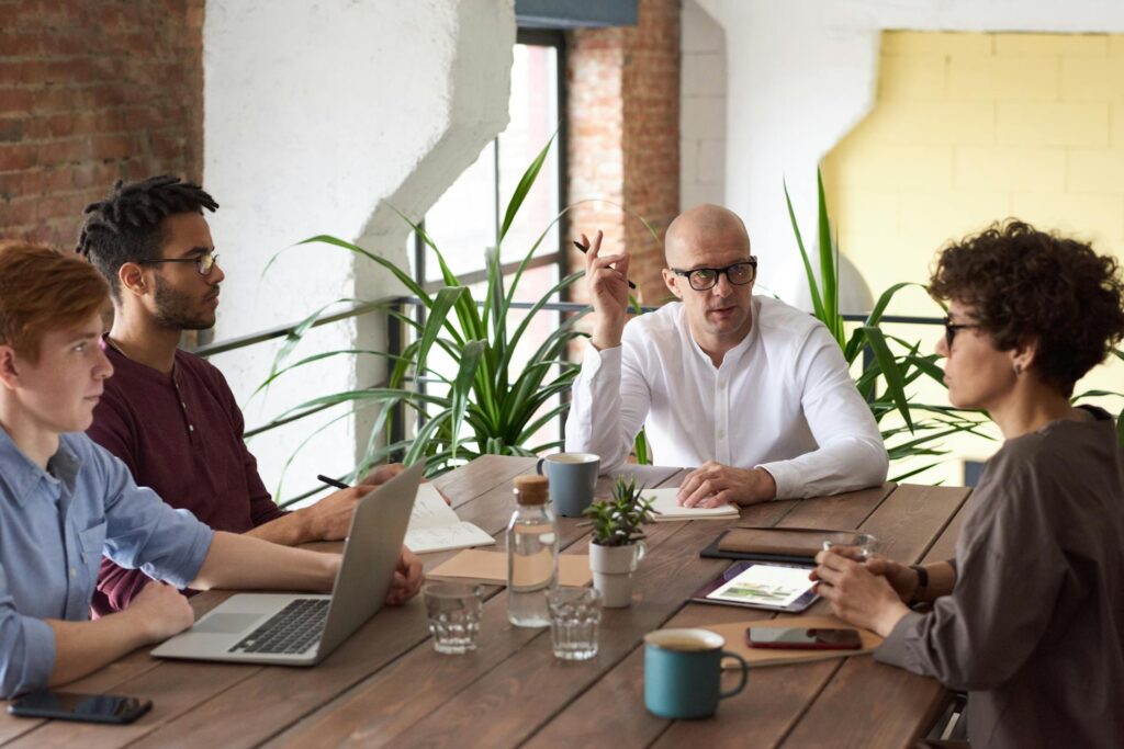 Team meeting in modern office space.