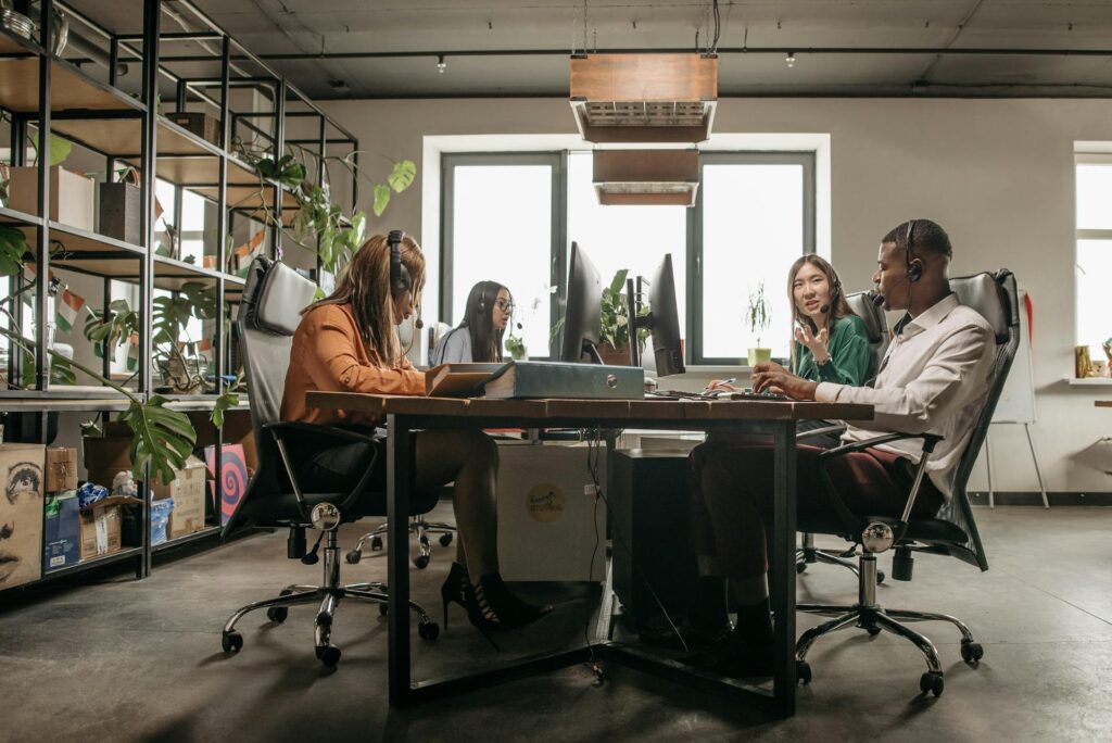 Team meeting in modern creative office space.